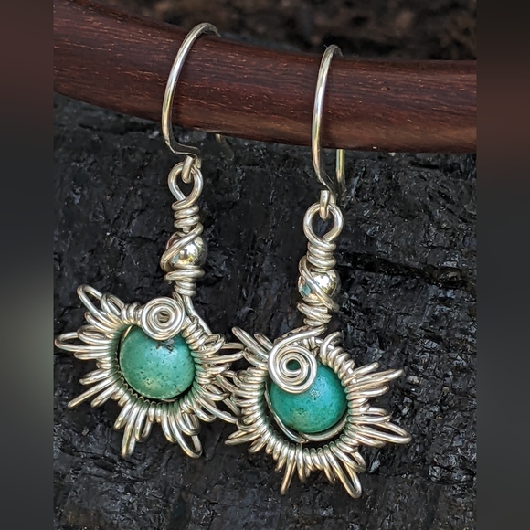 Hand Crafted 925 Sterling Silver Sunburst Earrings Turquoise Gemstone Beads - Picture 8 of 15